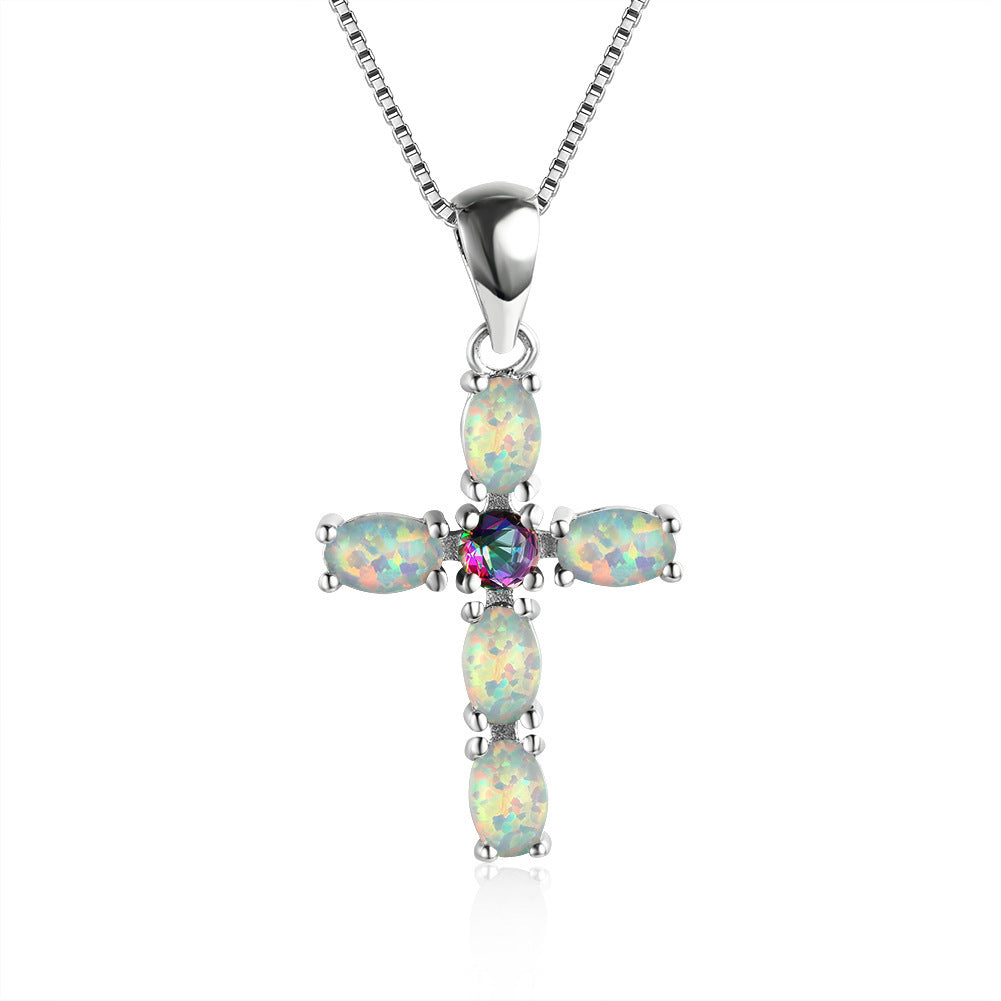 Cross-shaped Opal gemstone necklace