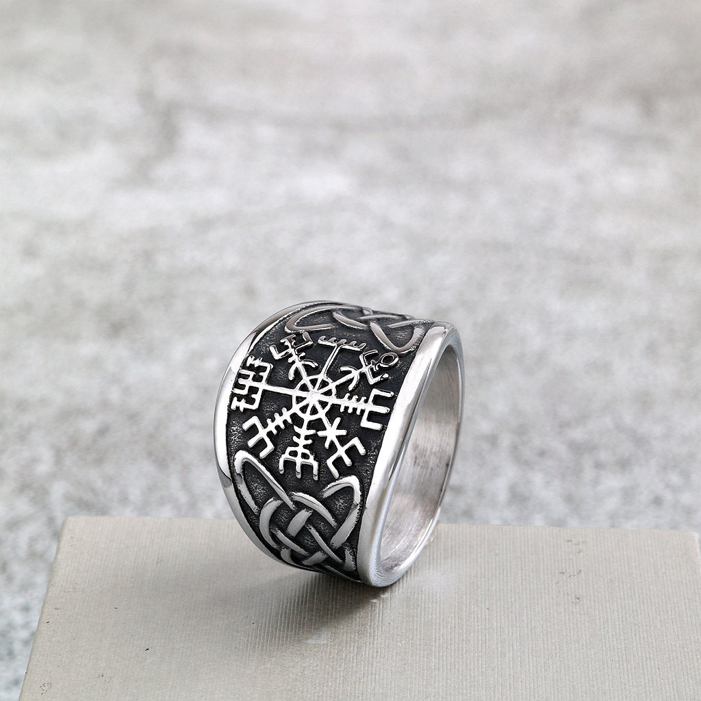 Vintage Solid Stainless Steel Viking Compass Rune Ring for Men