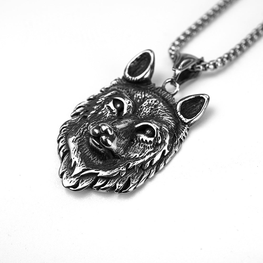 Vintage Stainless Steel Arctic Wolf Head Pendant Necklace for Men