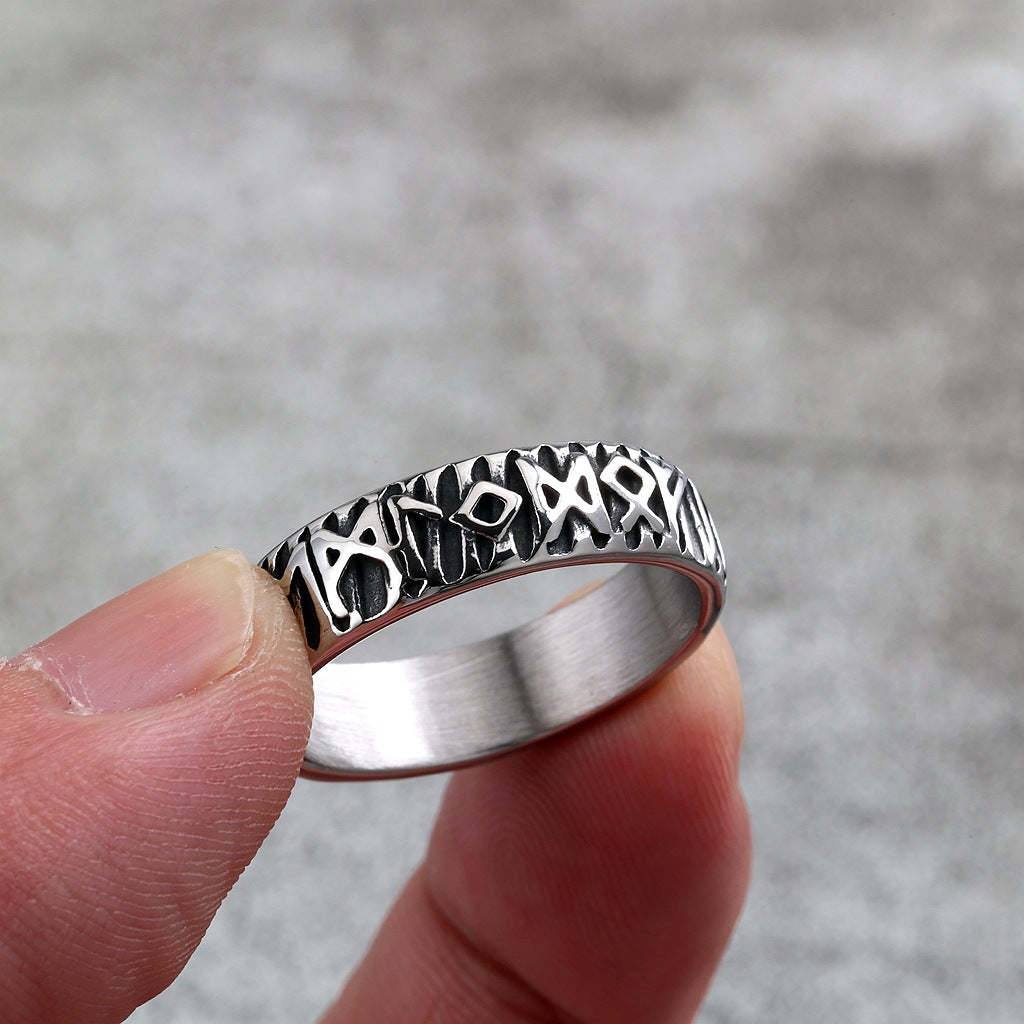 Vintage Solid Stainless Steel Norse Viking Full Rune Engraved Narrow Band Circle Ring for Men