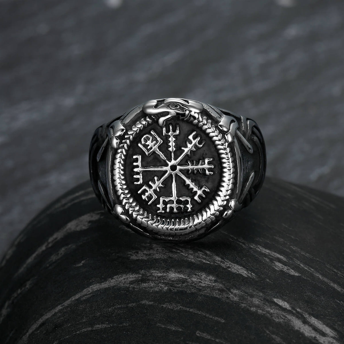 Vintage Antique Oxidized Solid Stainless Steel Norse Viking Aegishjalmur Helm of Awe Celtic Knot Wide Signet Band Ring for Men