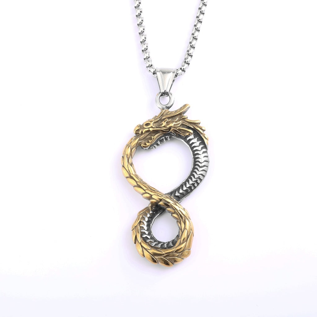 Vintage Stainless Steel Chinese Dragon Pendant Necklace for Men