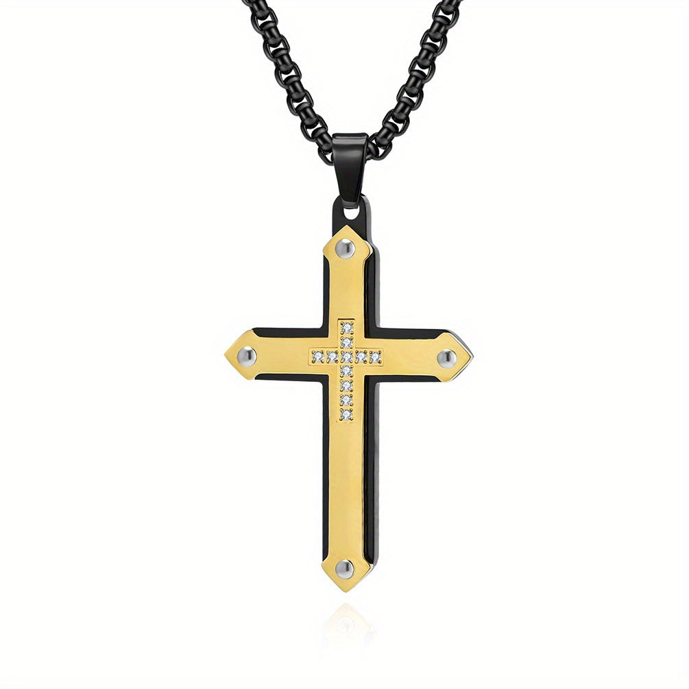 Double-Layer Zircon-Encrusted Men's Cross Pendant Necklace