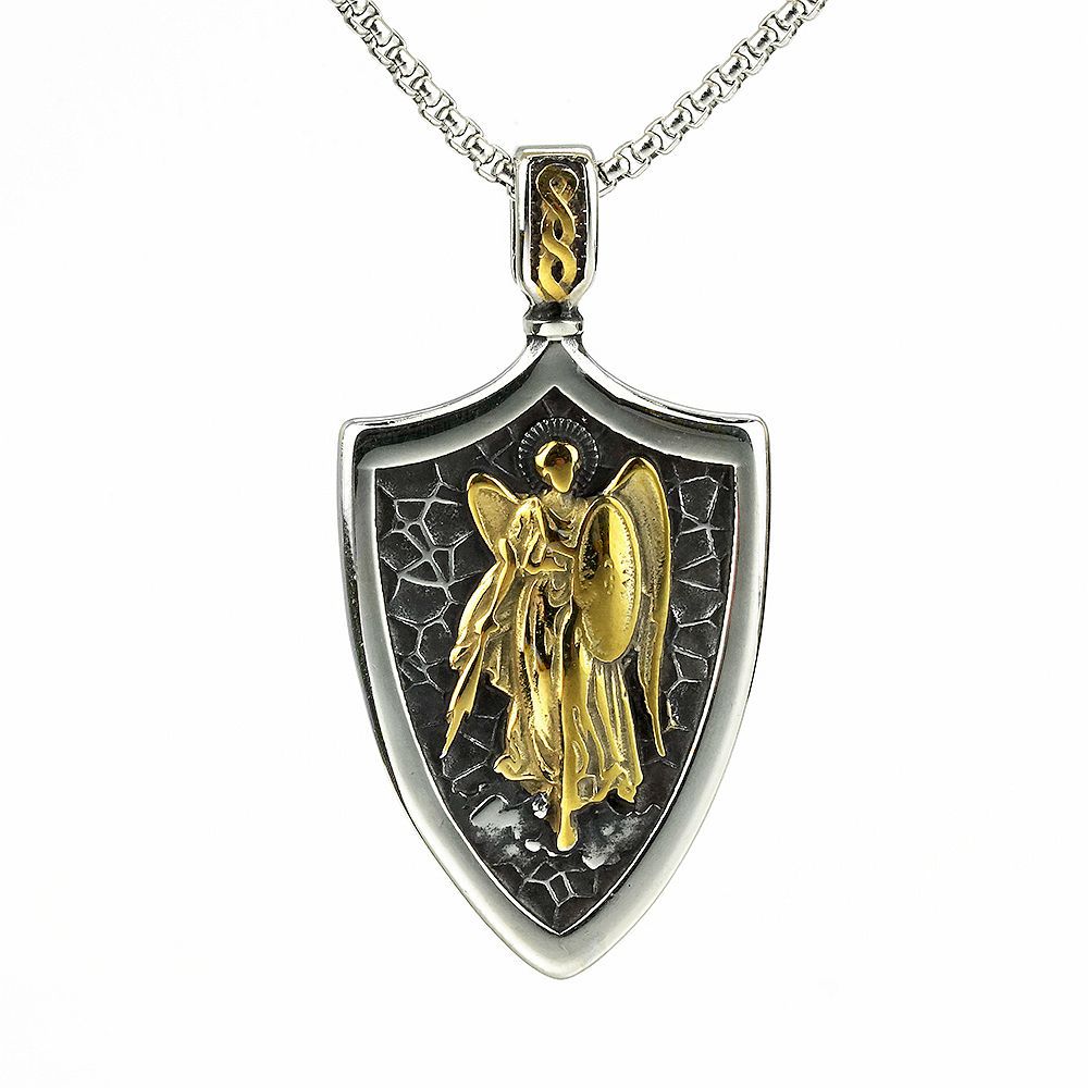 Vintage Stainless Steel Men's Shield St. Michael Angel Pendant Necklace