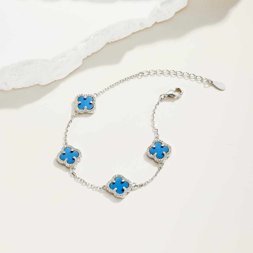 Women's Delicate Bracelet, Turquoise & Round White Zirconia Inlay Clover Design, S925 with White Gold Plating