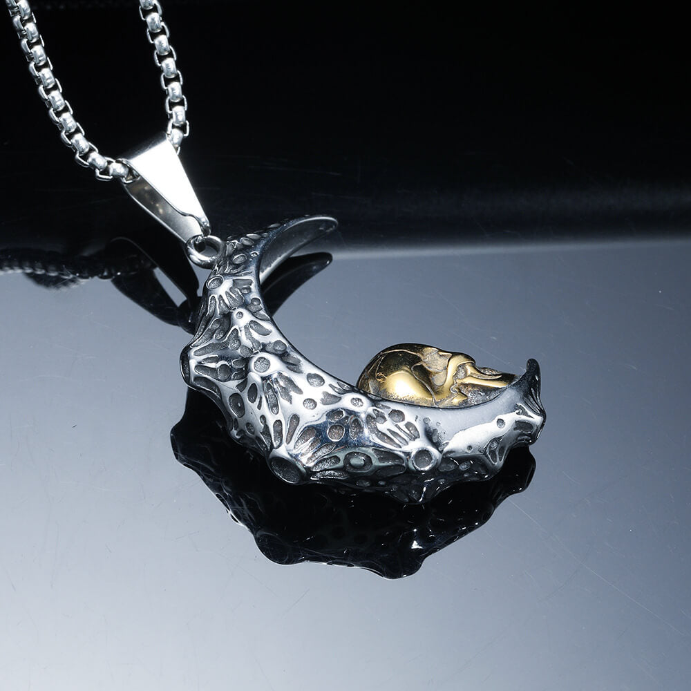 Men's Vintage Crescent-Shaped Skull And Ghost Head Pendant Necklace