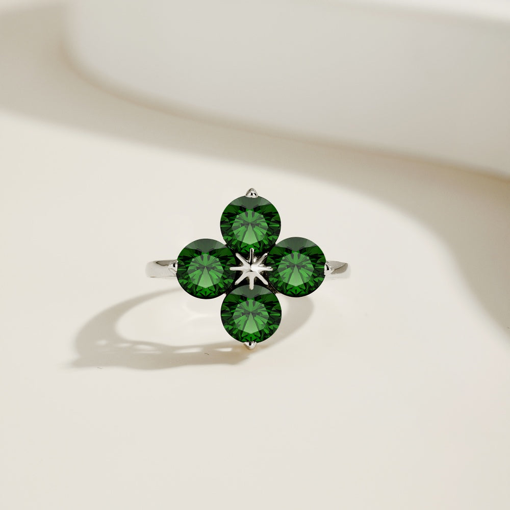 Women's S925 Silver White Gold Tone Ring, Green Round Zircon Inlaid Clover Eight-Pointed Star Ladies Ring