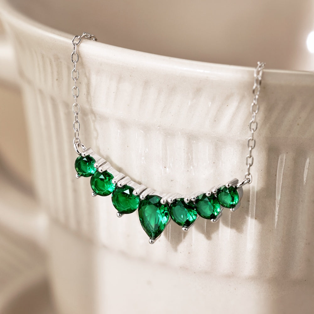Women's Teardrop Heart Pendant Necklace, Inlaid Emerald Green Sapphire, S925 with White Gold Plating