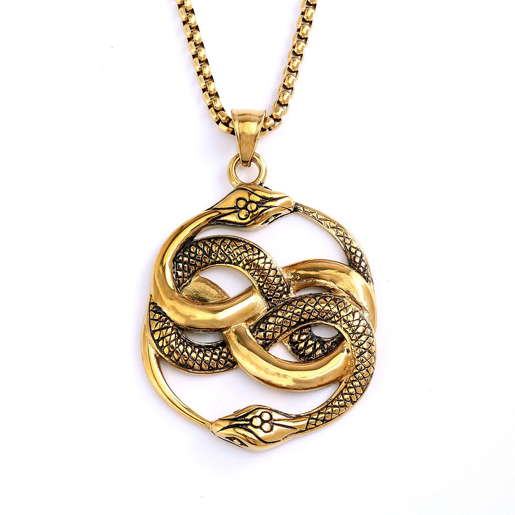 Vintage Stainless Steel Single-sided Punk Double Snake Wrapped Pendant Necklace for Men