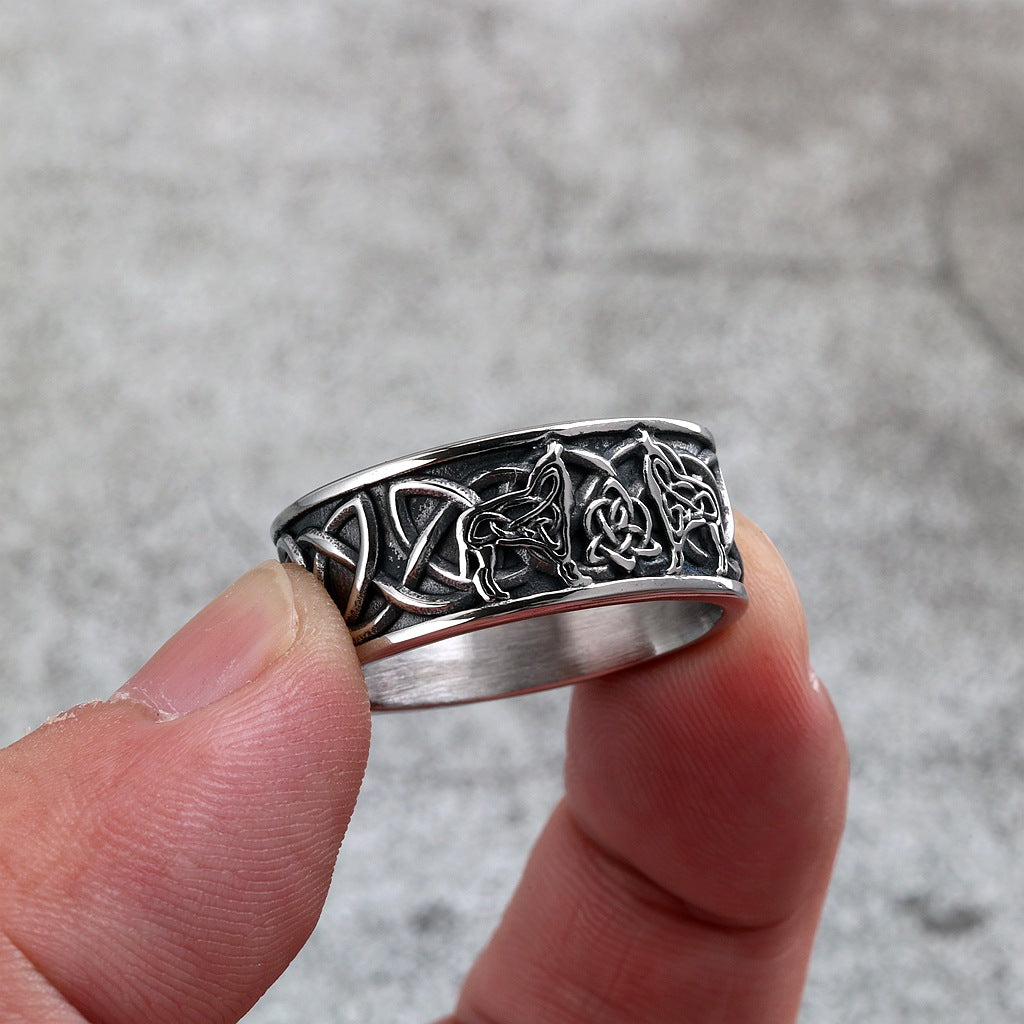 Vintage Stainless Steel Viking Wolf Head Celtic Knot Ring for Men