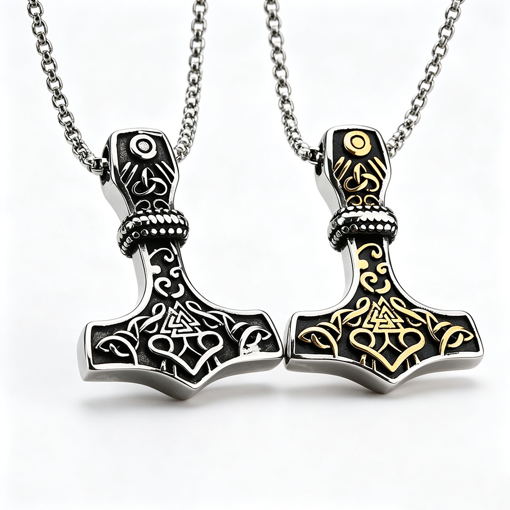 Men's Steel Viking Mjolnir Two Tone Celtic Knot Pendant Necklace