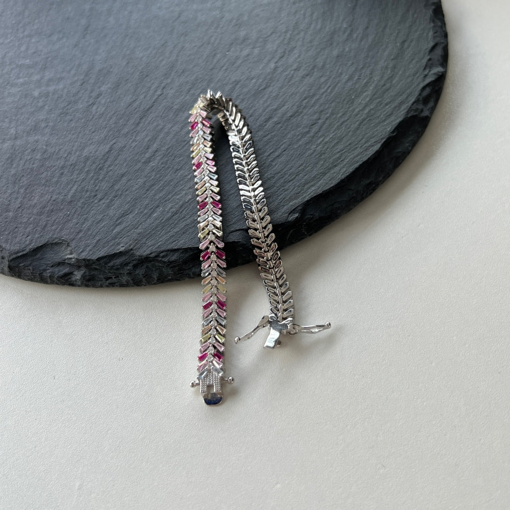 Women's High‑End Bracelet, Baguette Multicolor Gemstone & Round White Zirconia Row Inlay, S925 with White Gold Plating