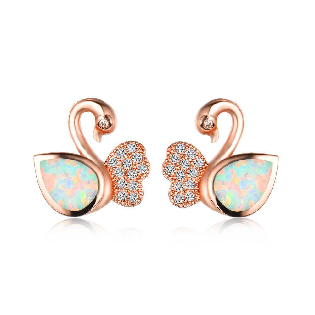Women's Swan‑Shape Teardrop Opal & Paved Zirconia Stud Earrings, with Rose Gold Plating