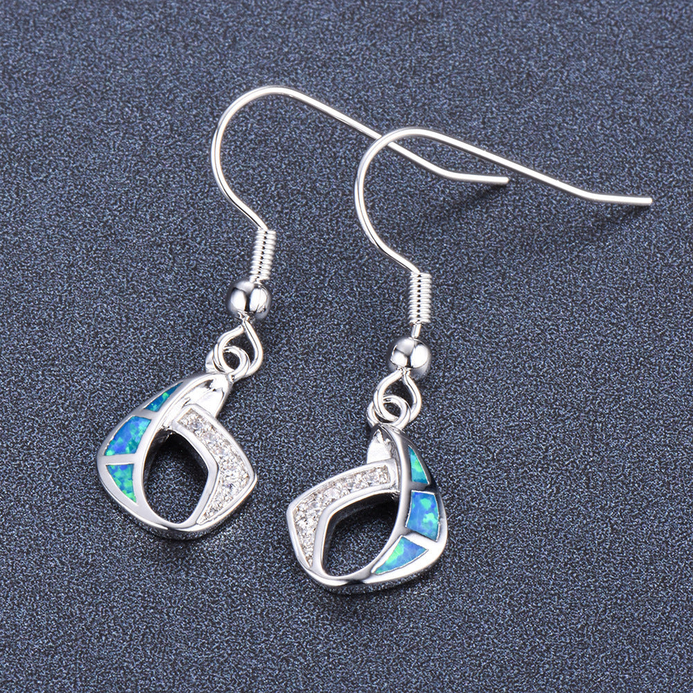 Women's Geometric Hollow Blue & White Opal With Clear Sapphire Hook Dangle Earrings
