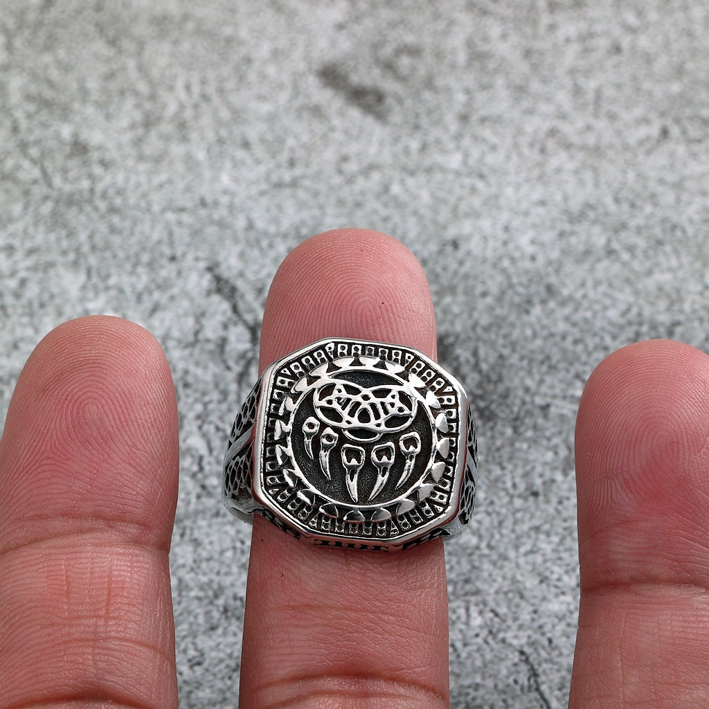 Vintage Solid Stainless Steel Engraved Viking Hollow Bear Claw Octagon Signet Ring for Men