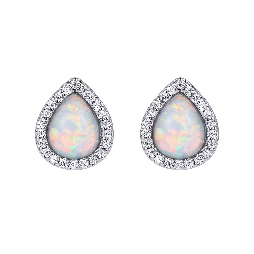 Women's Exquisite Pear‑Shape Halo Paved Zirconia Blue / White Opal Stud Earrings, with White Gold Plating