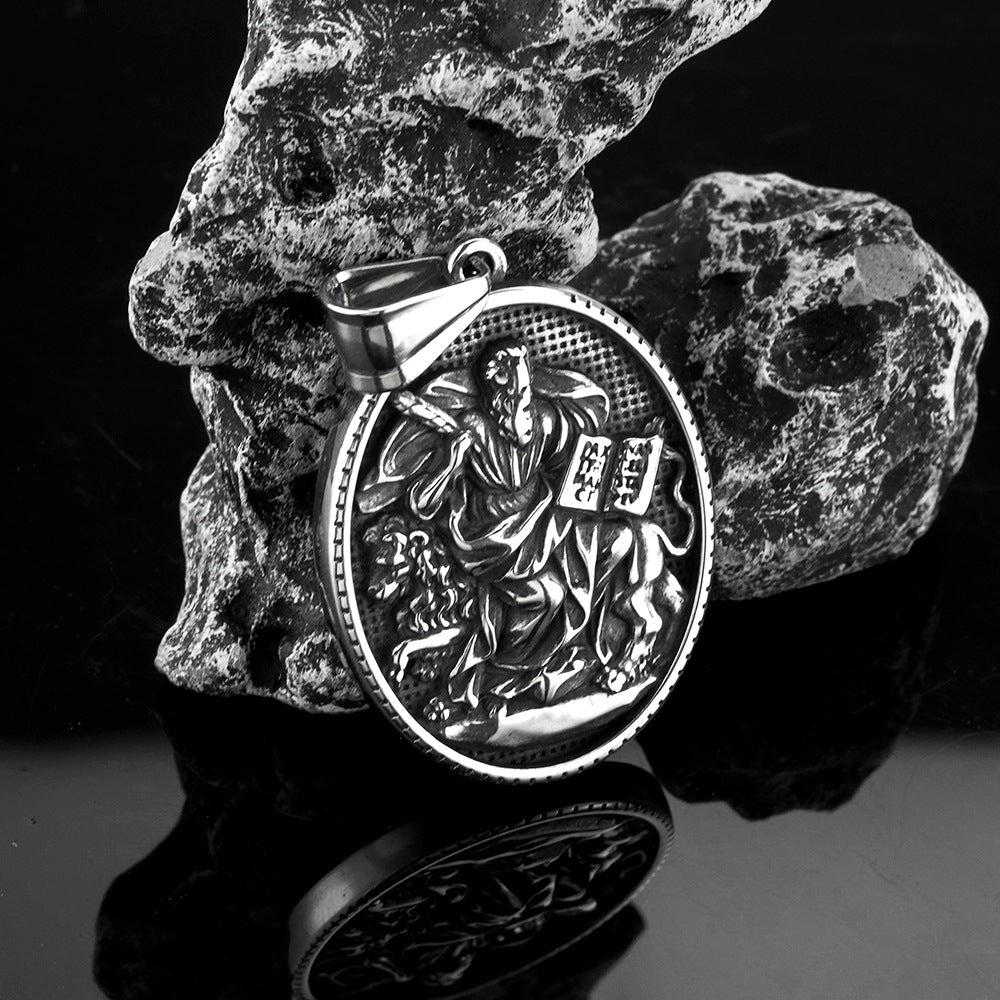 Men's Steel Saint Mark Oval Tag Pendant Necklace