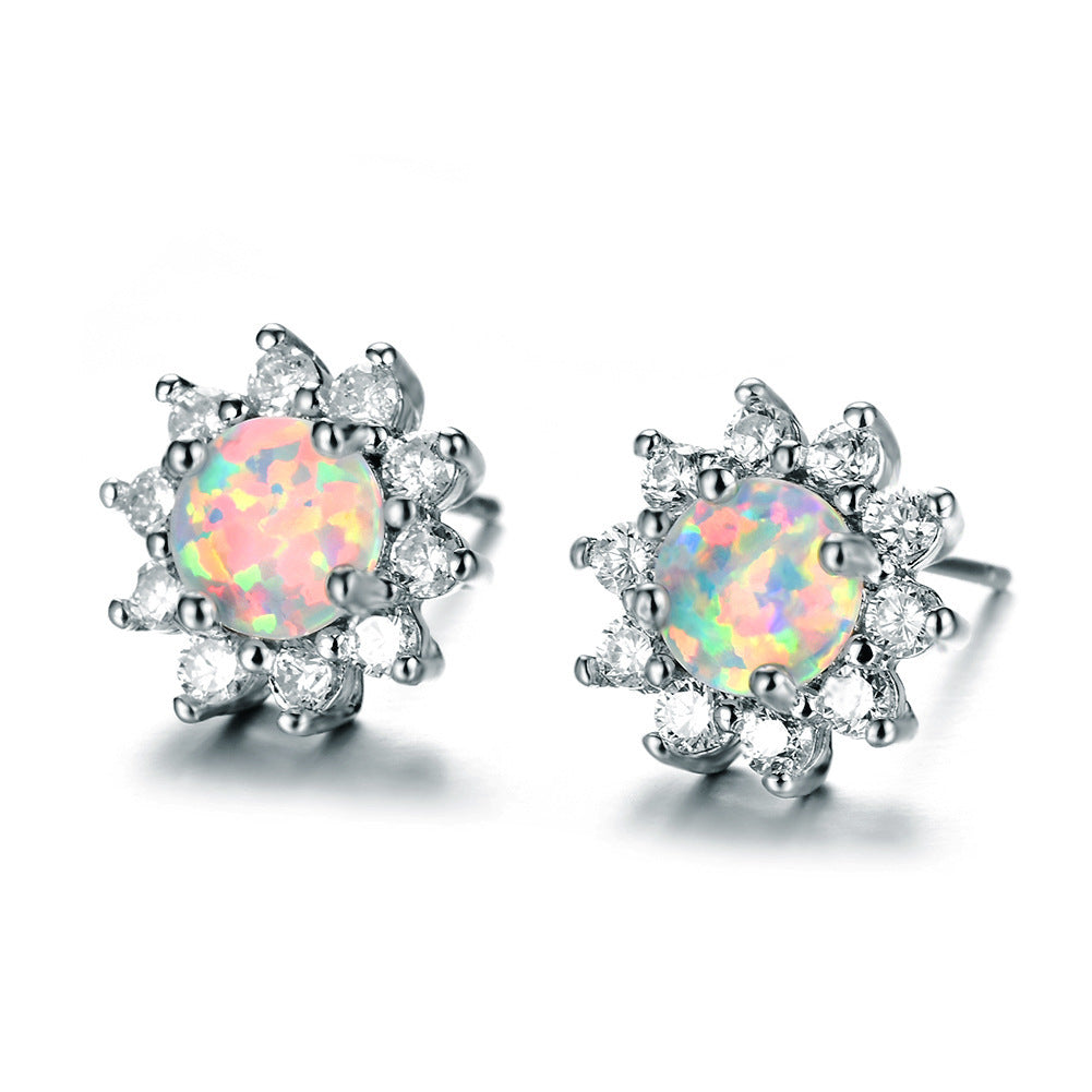 Women's Sunflower‑Shape Stud Earrings, Blue Opal / White Opal Center Stone Surrounded With Zirconia