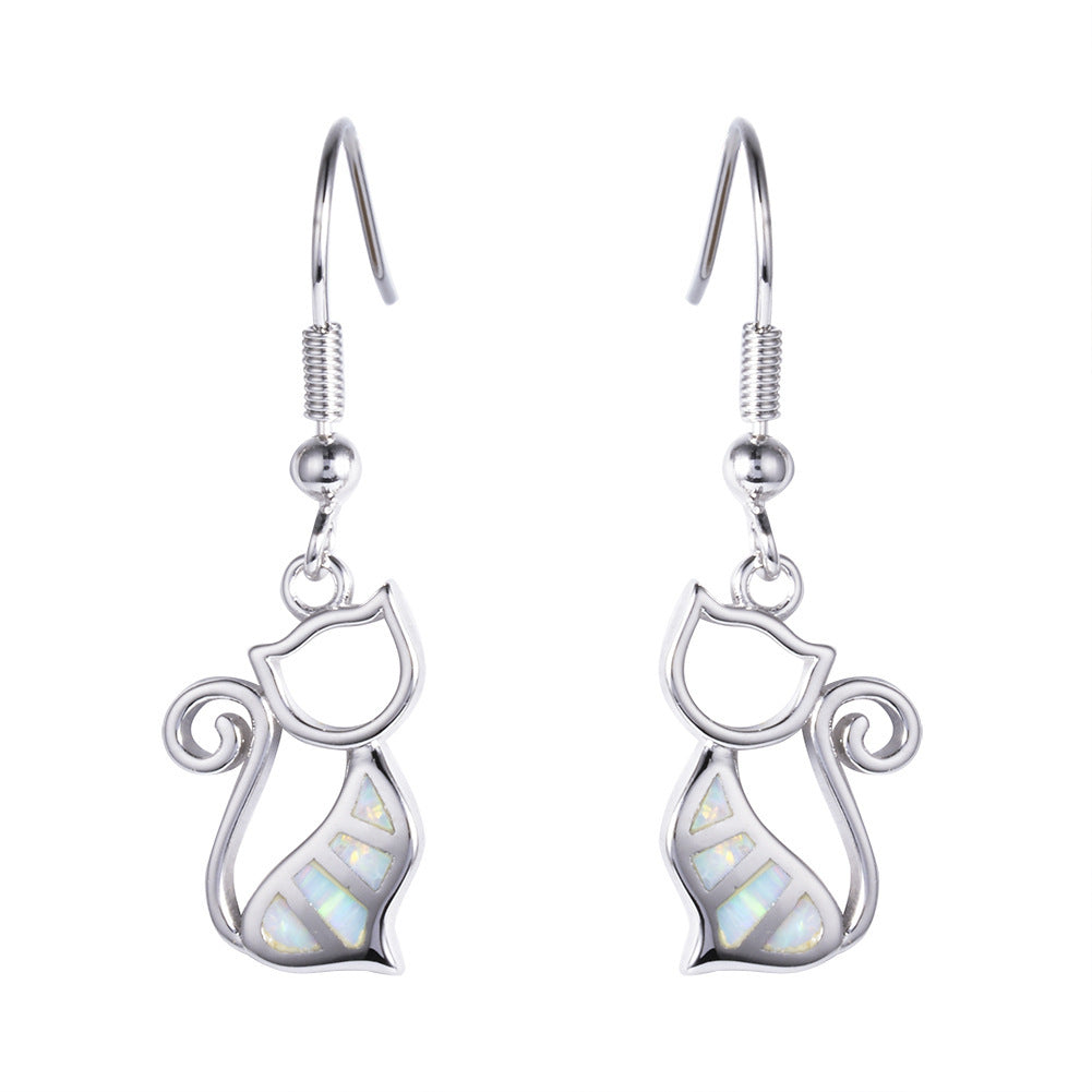 Women's Hollow Cat Blue & White Opal Dangle Earrings