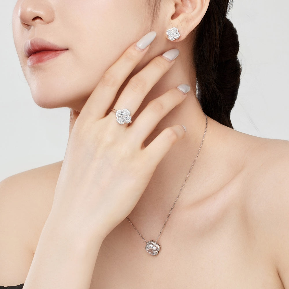 Women's Clover Stud Earrings, Cushion‑Cut Clear Zirconia Main Stone With Zirconia Halo, S925 with White Gold Plating