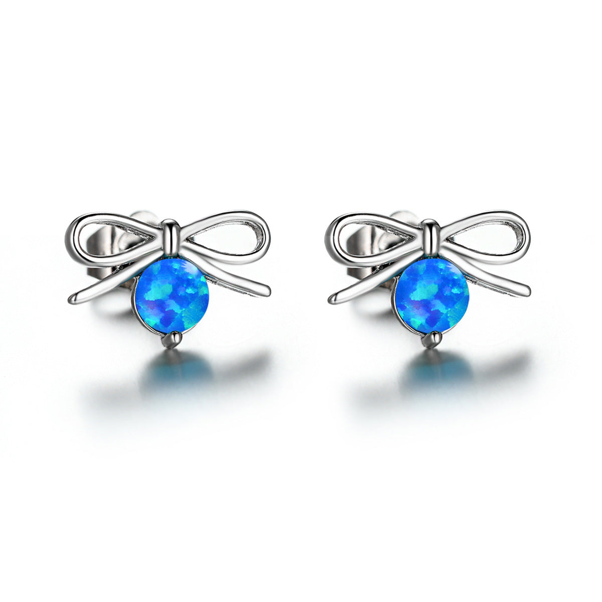 Women's Bow‑Shape Round Opal Stud Earrings, with Rose Gold Plating / White Gold Plating