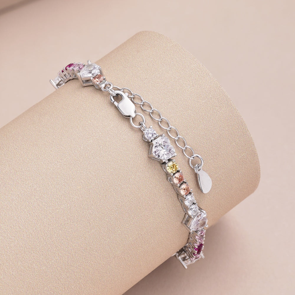 Women's High‑End Tennis Bracelet, Multicolor Mixed Heart & Round Zirconia Inlay With Extension Chain, S925 with White Gold Plating