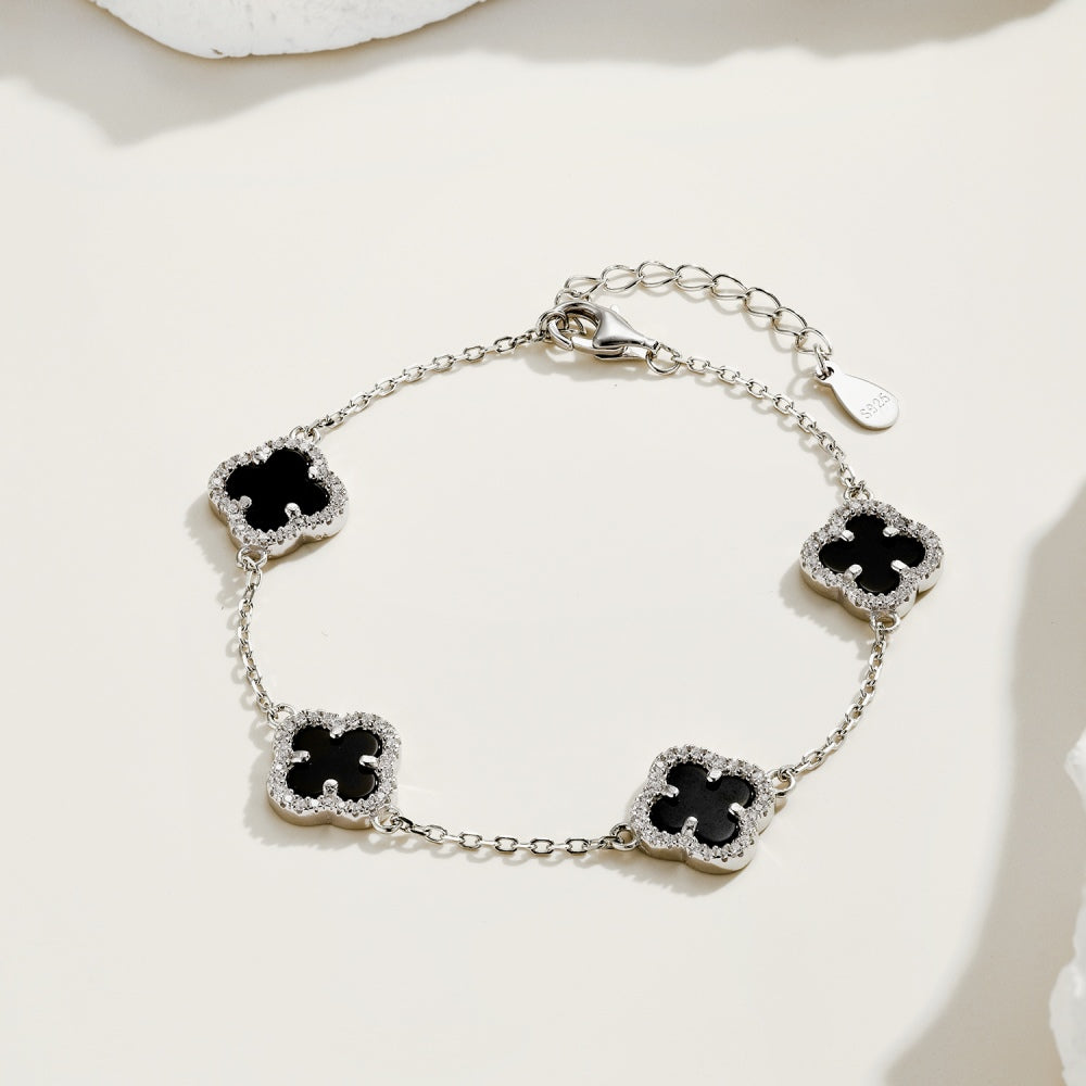 Women's Delicate Bracelet, Black Onyx & Round White Zirconia Inlay Clover Design, S925 with White Gold Plating