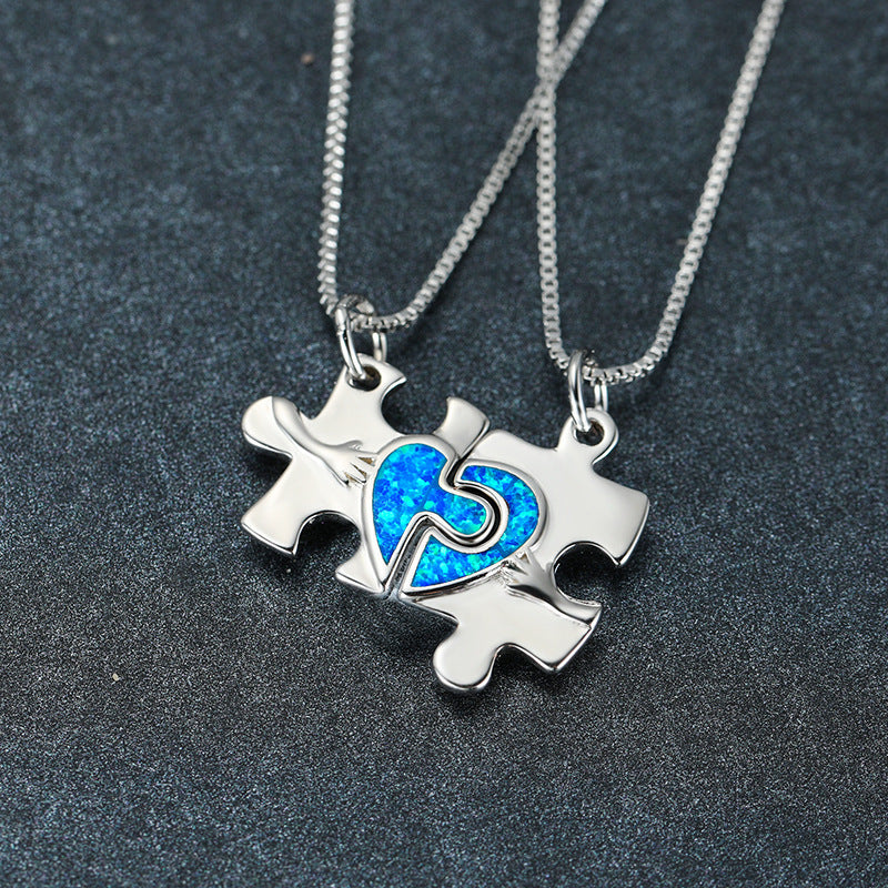 Blue Opal Puzzle Heart Set Necklace