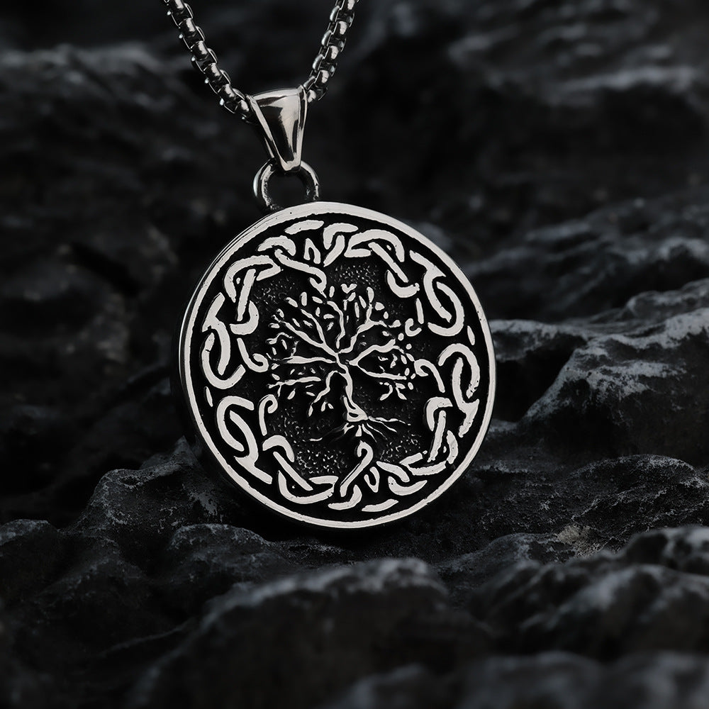Men's Steel Viking Tree of Life Round Pendant Necklace, Retro Hip Hop Jewelry