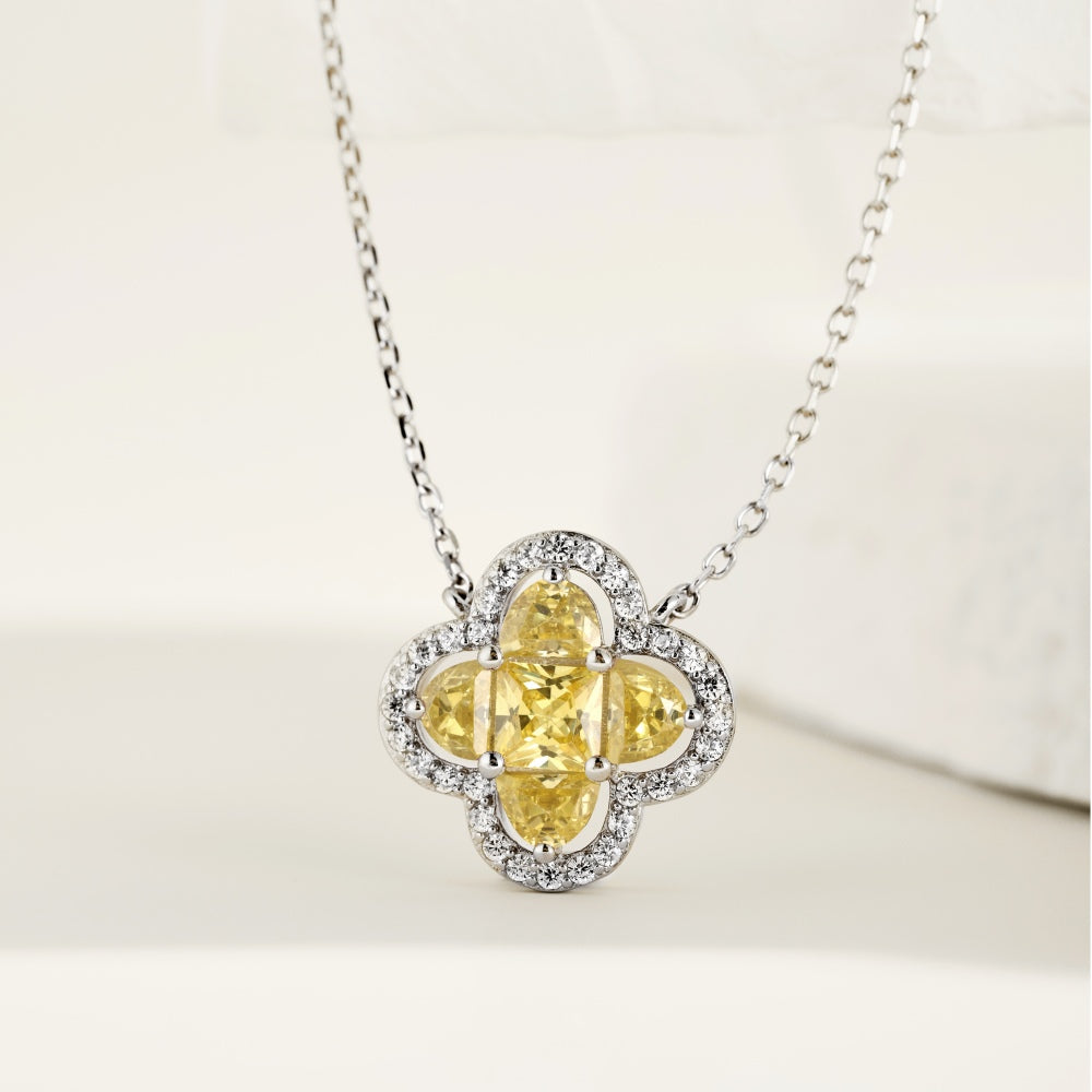 Women's Clover Pendant Necklace, D‑Shape Yellow Sapphire, S925 with White Gold Plating