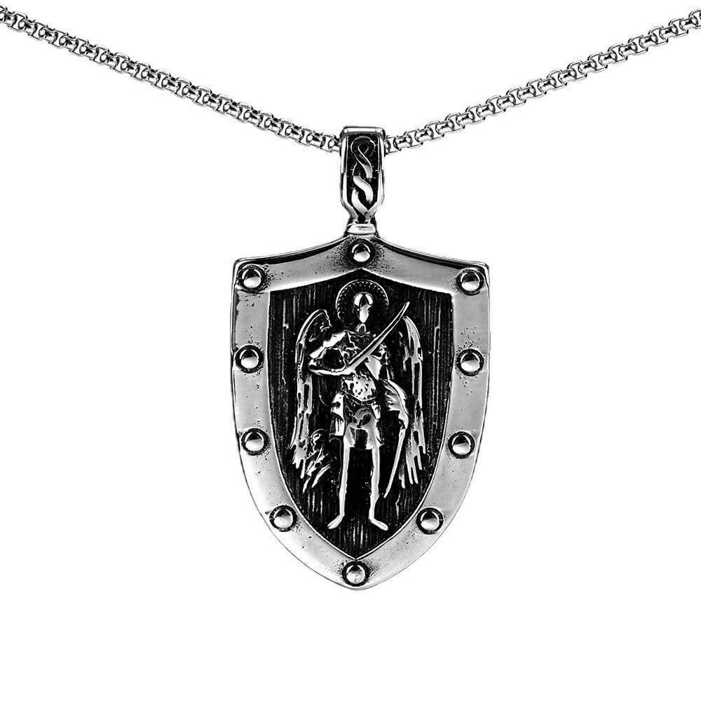 Men's Steel Vintage Archangel St Michael Shield Double Sided Pendant Necklace