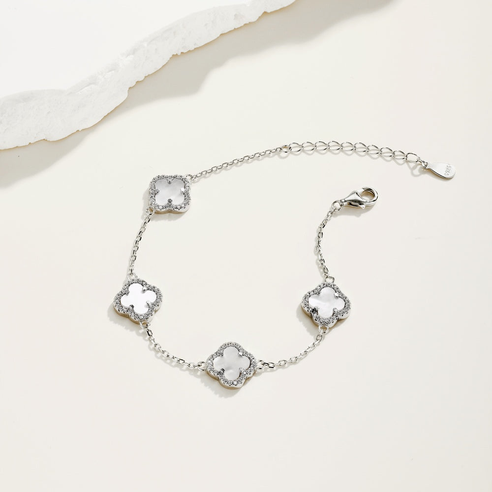 Women's Delicate Bracelet, White Shell & Round White Zirconia Inlay Clover Design, S925 with White Gold Plating