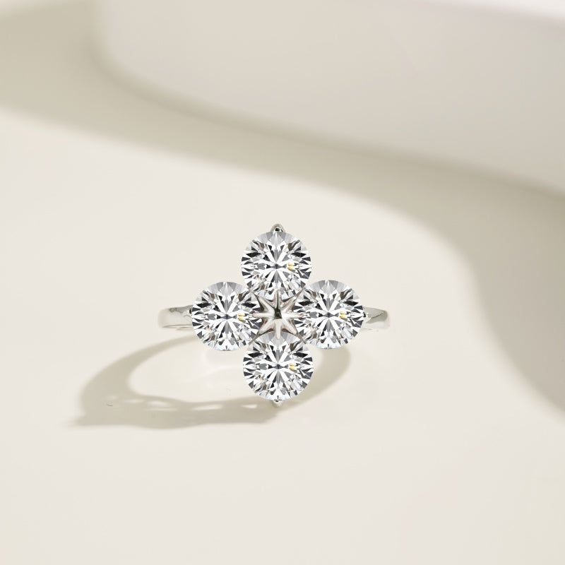 Women's S925 Silver White Gold Tone Ring, White Round Zircon Inlaid Four-Leaf Clover Eight-Pointed Star Ladies Fashion Ring