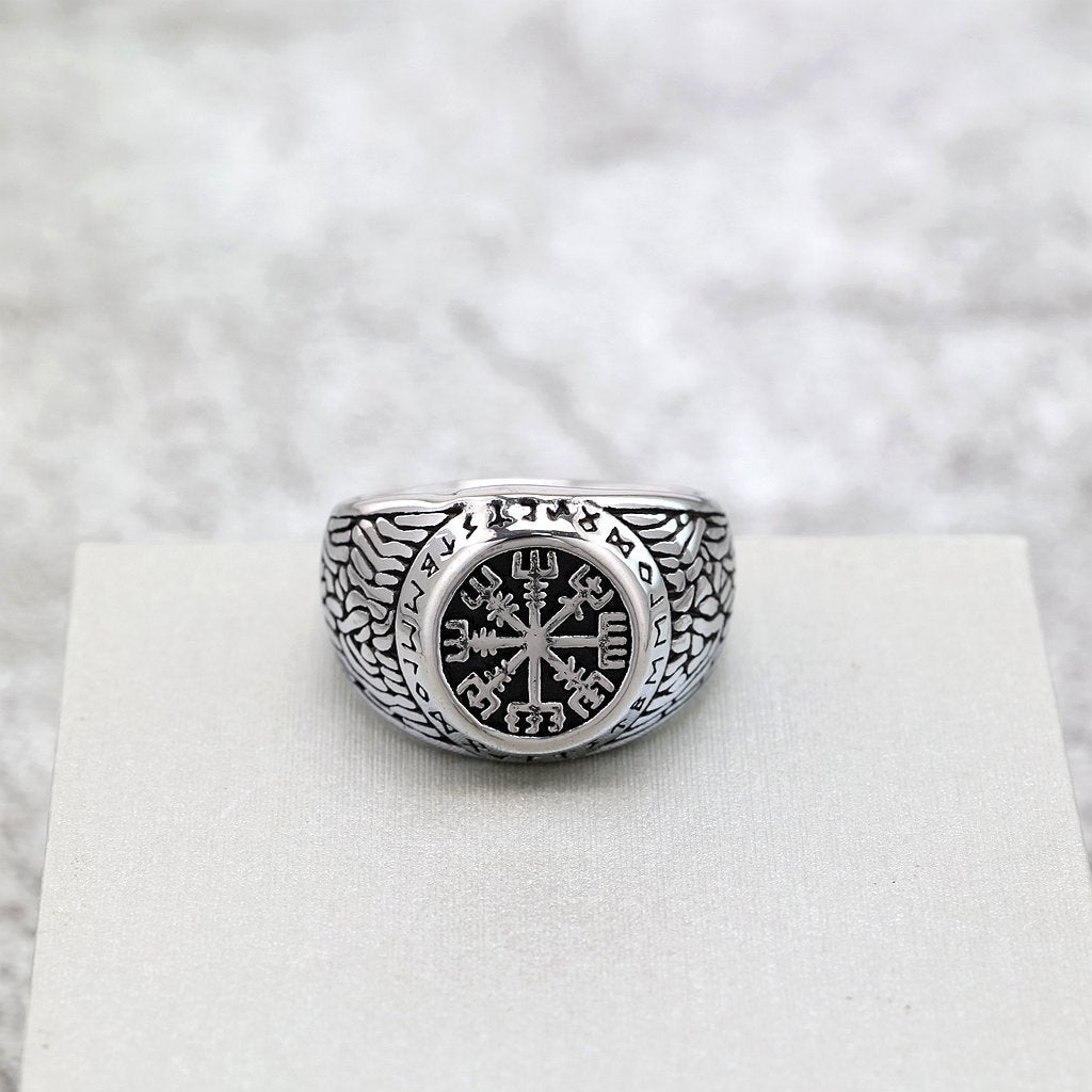 Vintage Solid Stainless Steel Viking Vegvisir Rune Band Ring for Men