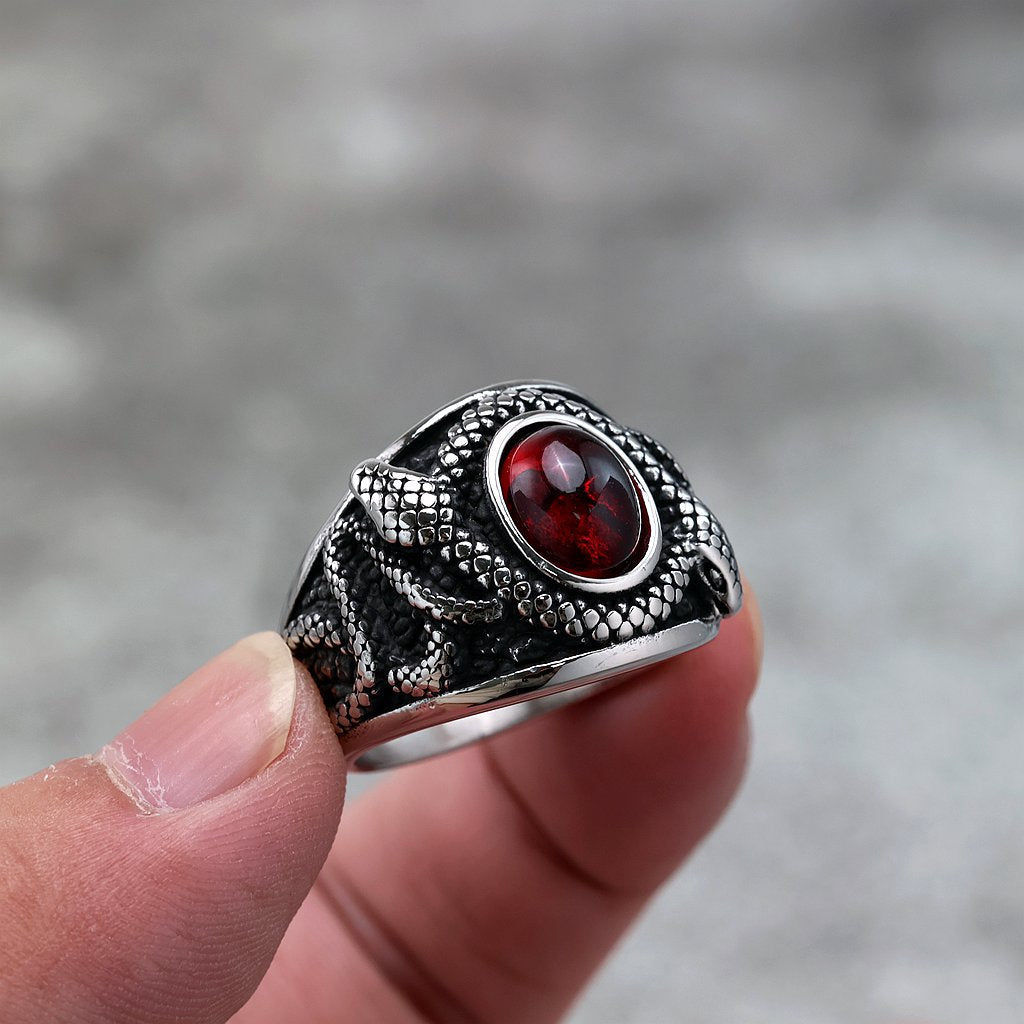 Vintage Solid Stainless Steel Double Snake Ring for Men Inlaid Red Synthetic Gemstone