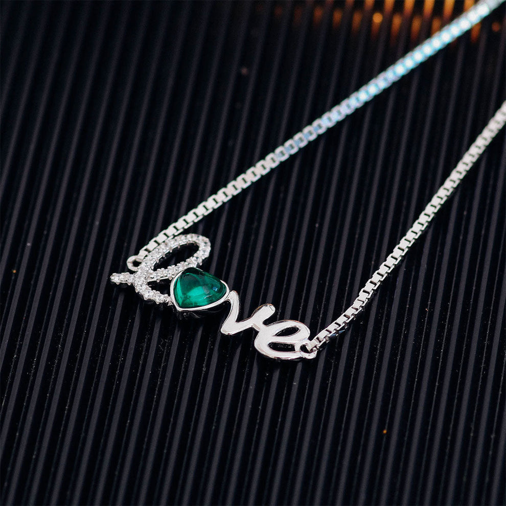 Women's White Gold LOVE Post Heart Shape Emerald Adjustable Bracelet