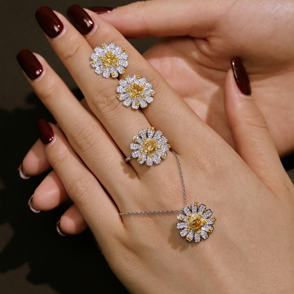 Women's Pendant Necklace, Square Shape Crushed Ice Cut Yellow Sapphire & Round Zirconia Sunflower Inlay, S925 with White Gold Plating