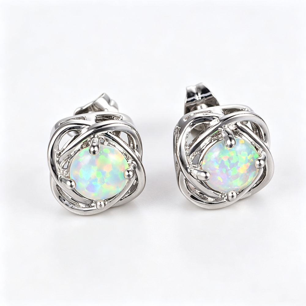 Women's Interwoven Hollow Round Stud Earrings, Blue Opal / White Opal, White Gold Plating