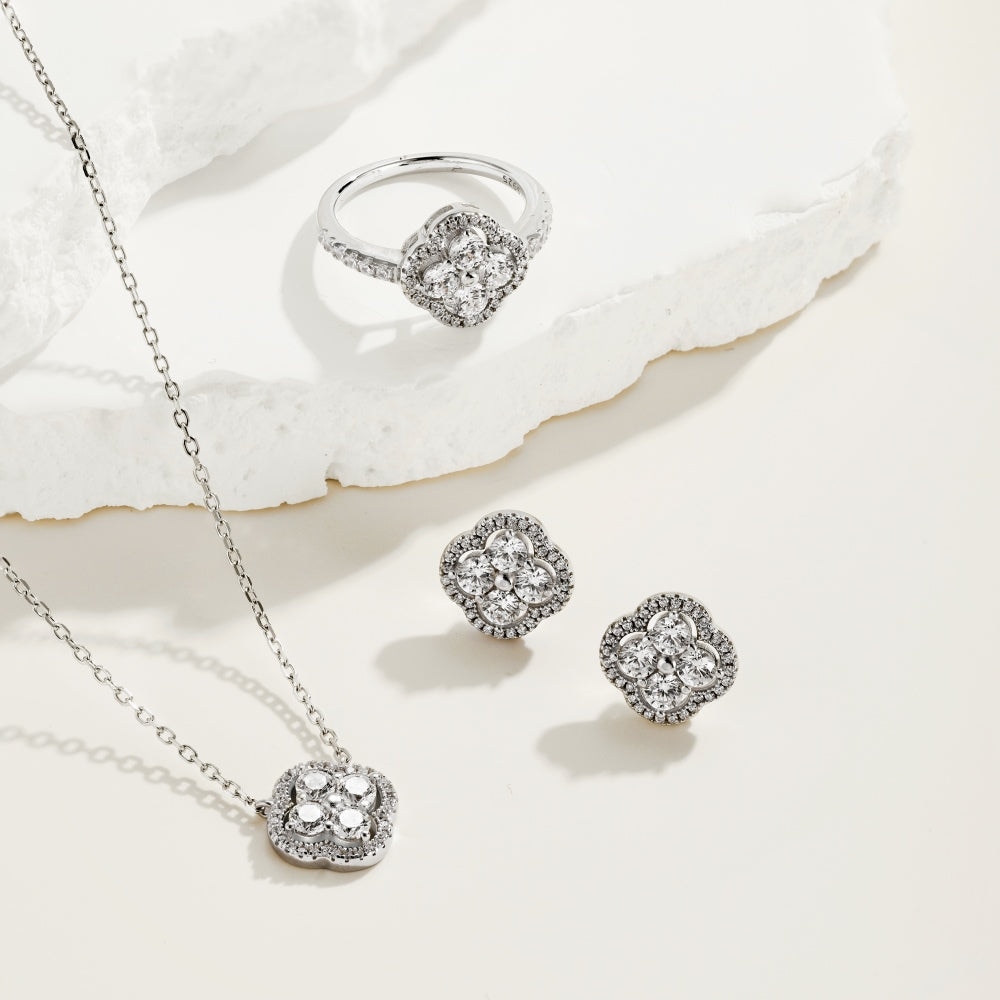 Women's Clover Flower Pendant Necklace, Inlaid Round Zirconia, S925 with White Gold Plating