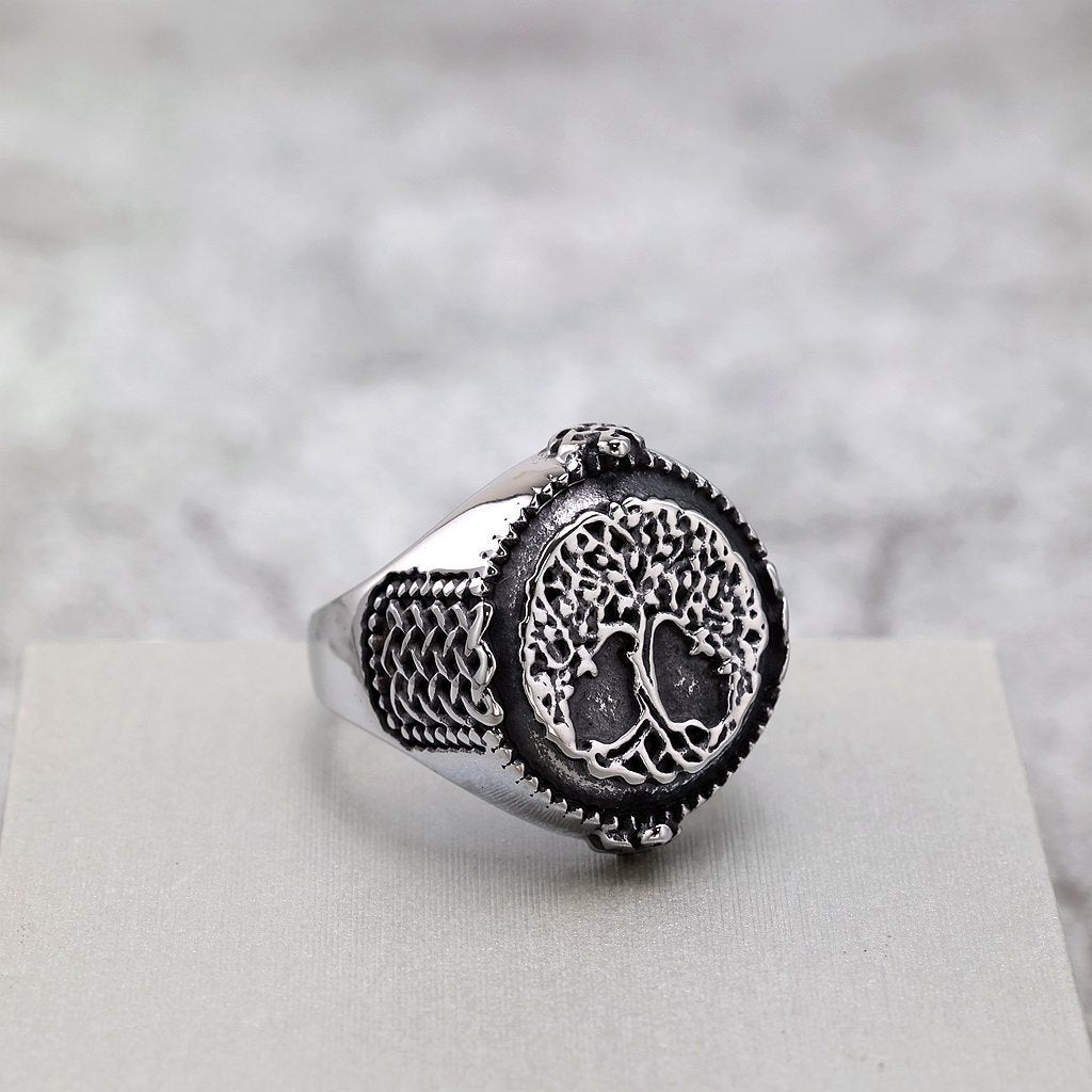Vintage Nordic Cast Stainless Steel Viking Tree of Life Symbol Ring for Men