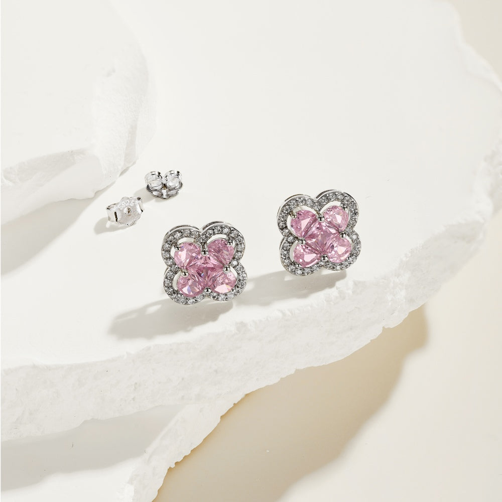 Women's Clover Halo Stud Earrings, Heart‑Shape Pink Zirconia, S925 with White Gold Plating