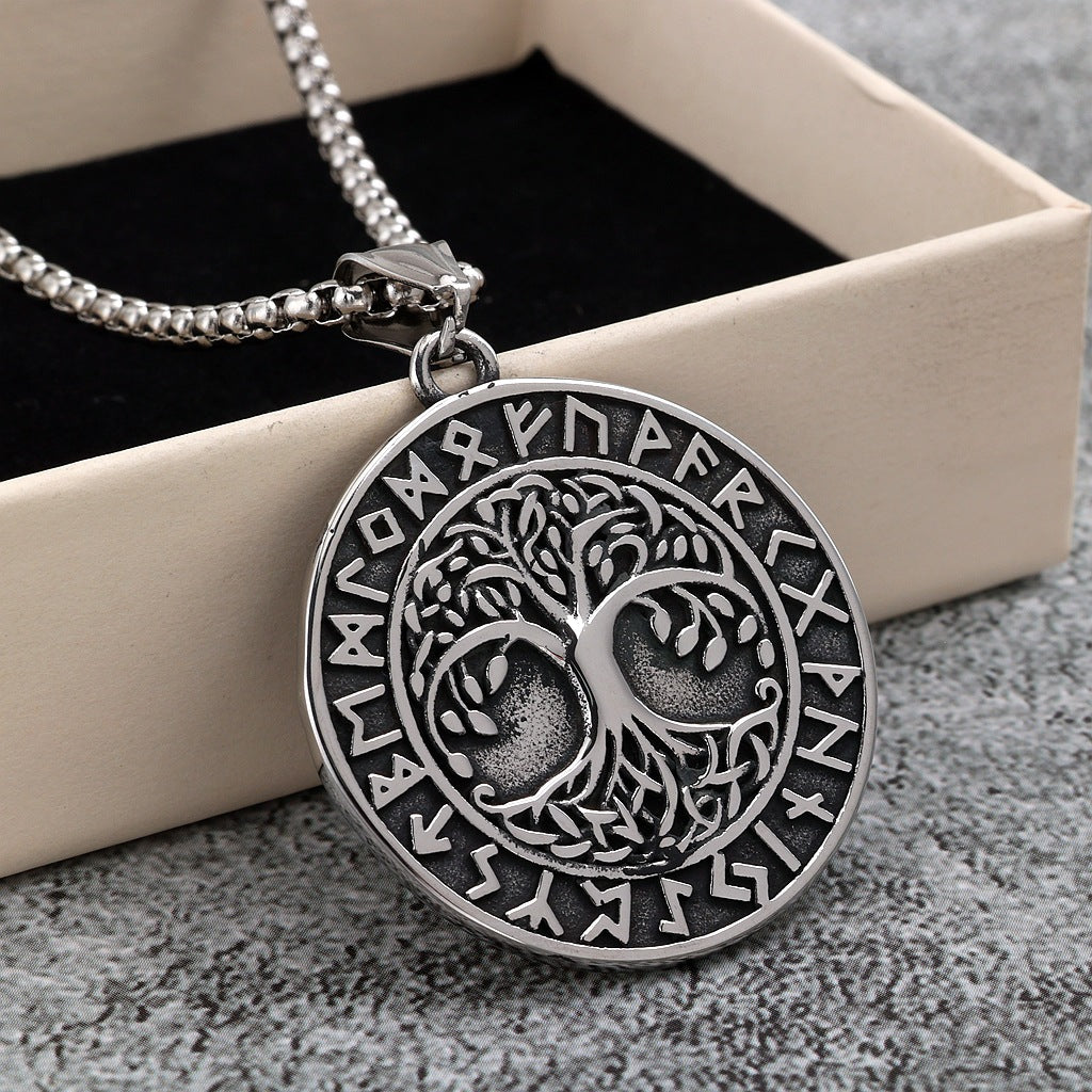 Men's Steel Viking Rune Tree of Life Vintage Round Pendant Necklace