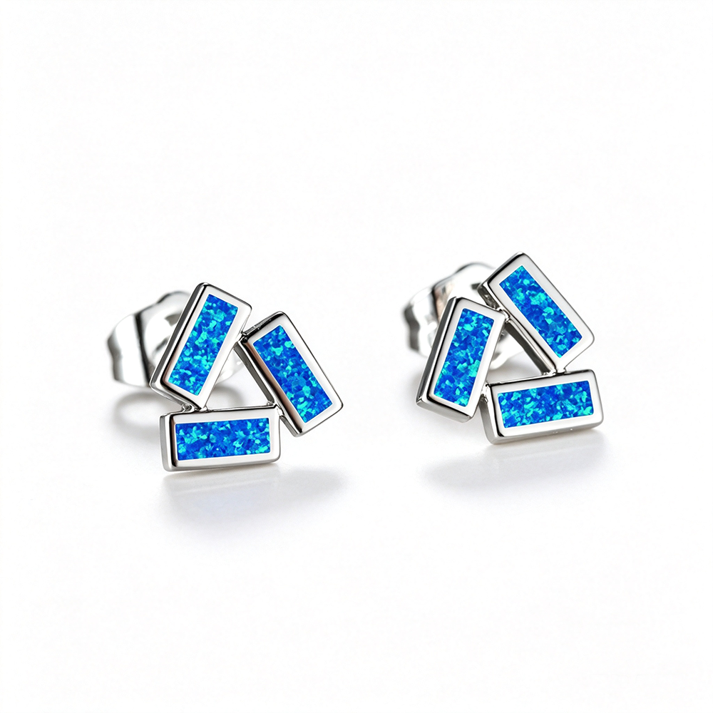 Women's Three Rectangle Blue Opal / White Opal Geometric Stud Earrings, Rose Gold / White Gold Plating