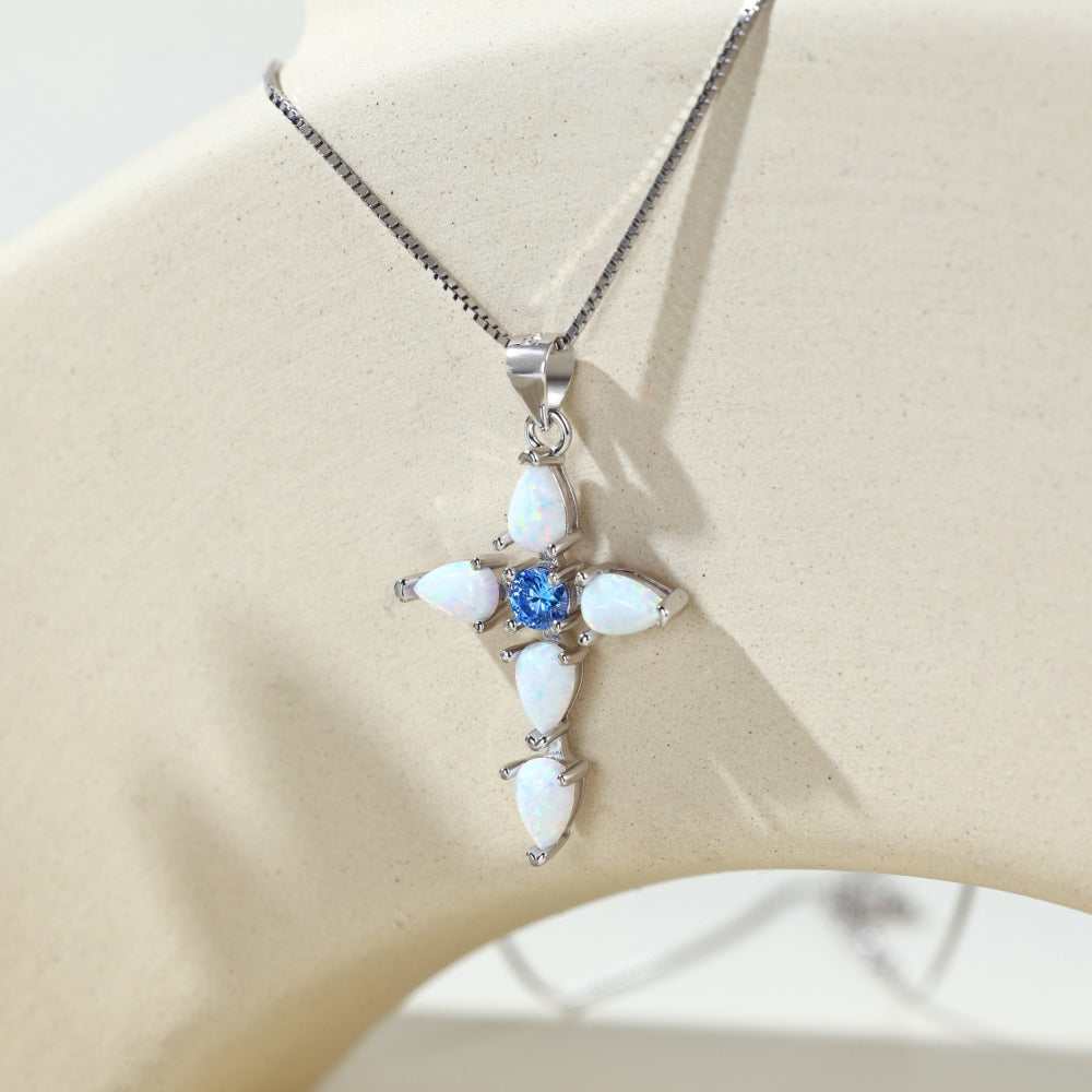 Women's Cross Pendant Necklace, Inlaid Blue Zirconia, S925 with White Gold Plating
