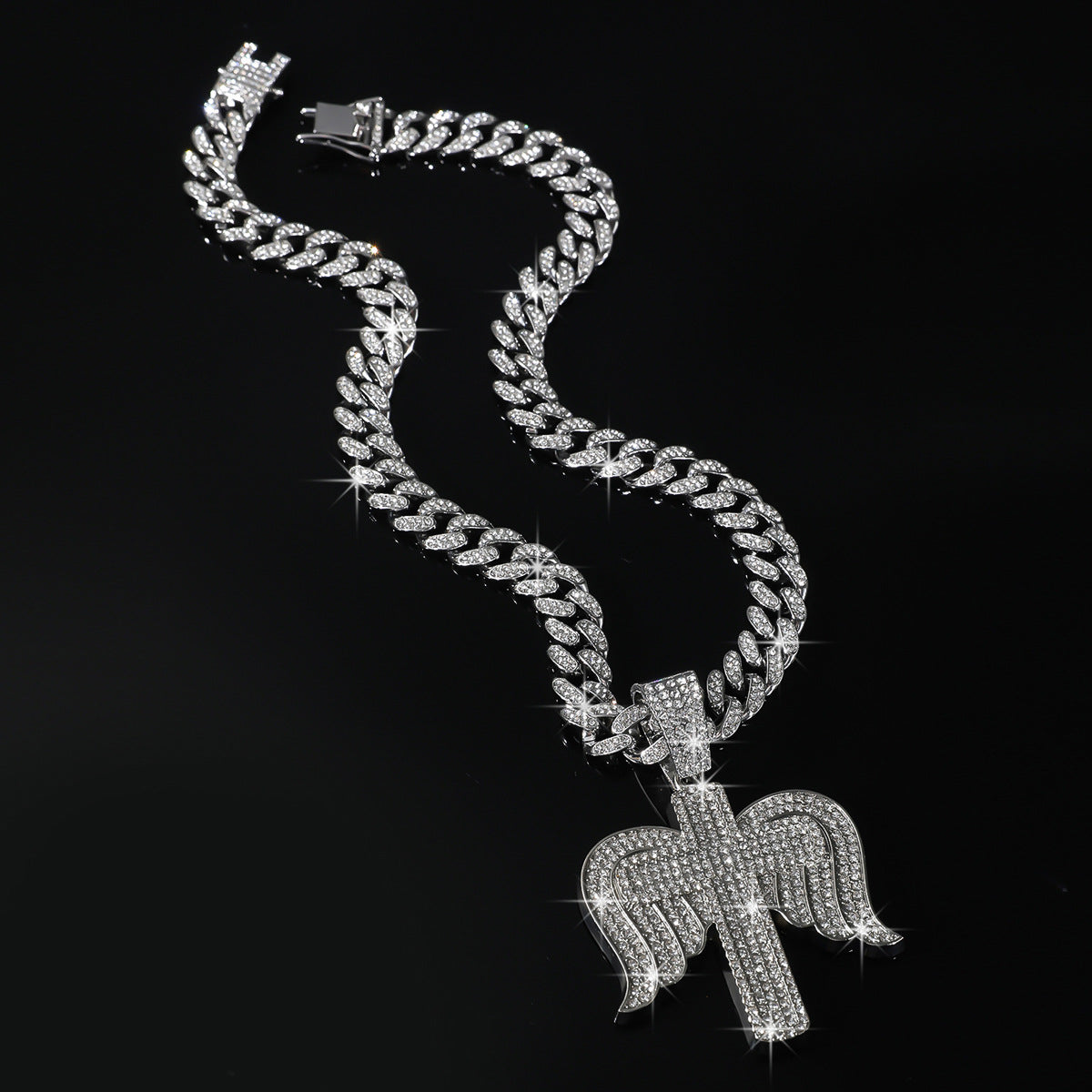 Hip-Hop Angel Wing Cross Cuban Chain Pendant Necklace
