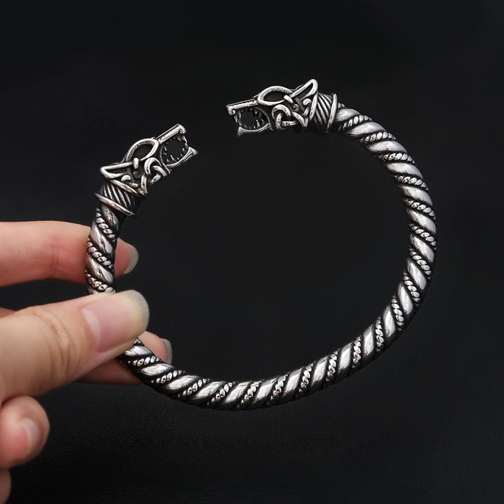 Viking Retro Double Dragon Head Open C Bracelet for Men, European Vintage Bold Personality Stainless Steel Cuff Bangle