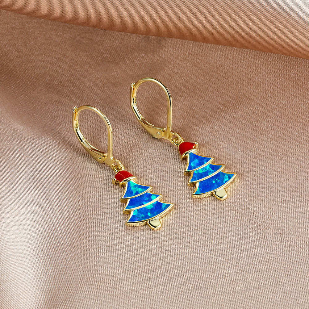 Women's Christmas Tree Color Opal Dangle Earrings, Gold / White Gold Plating