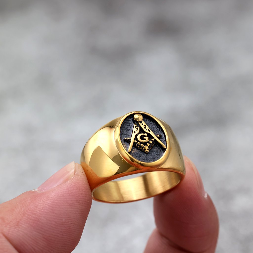 Vintage Gold Plated Stainless Steel AG Masonic Round Ring for Men Black Polished Background
