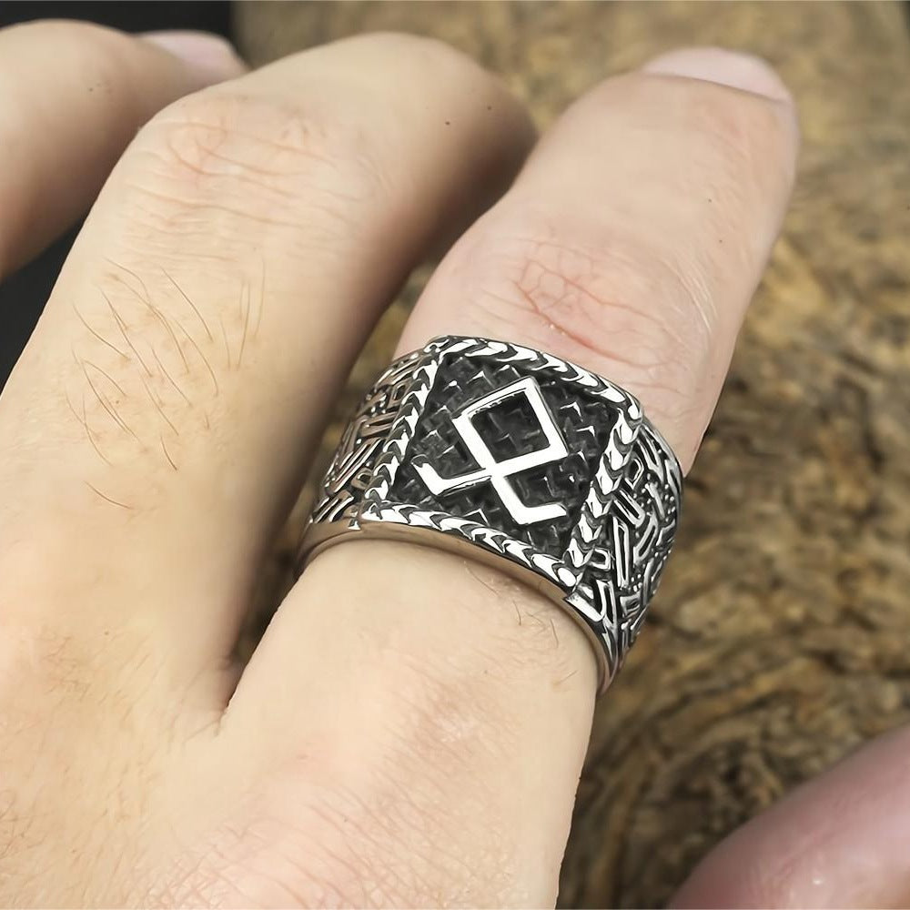 Vintage Solid Stainless Steel Norse Viking Rune Textured Carved Wide Band Ring for Men