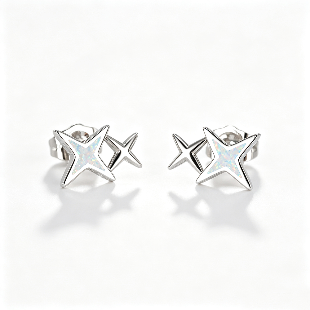 Women's Double‑Star Stud Earrings with Blue / White Opal, with White Gold / Rose Gold Plating